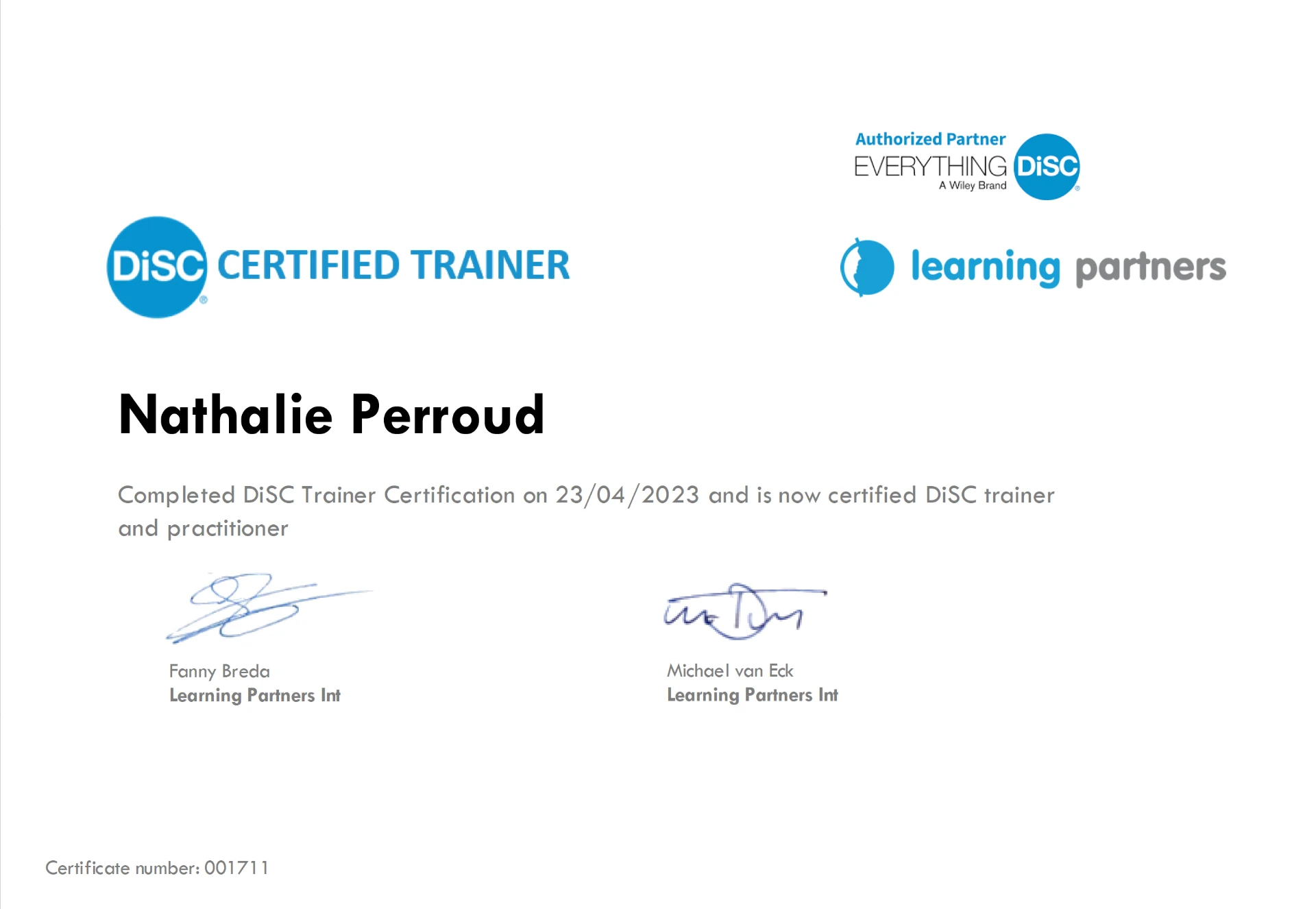 Certificat DiSC Certified Trainer de Nathalie Perroud, délivré par Learning Partners International le 23 avril 2023