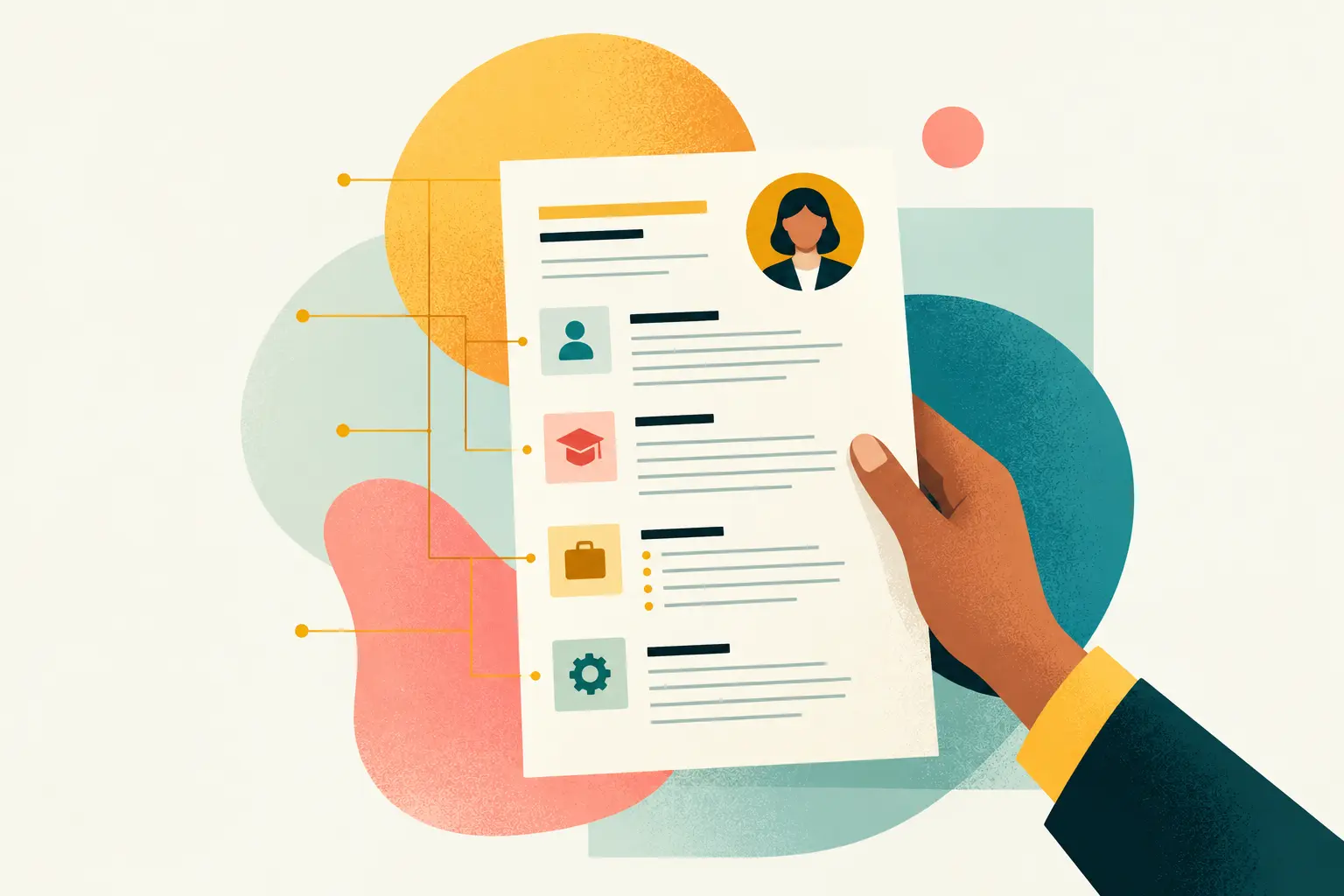 Illustration d'une main tenant un CV relié à des lignes de données numériques, symbolisant l'analyse automatisée par un logiciel de recrutement.
