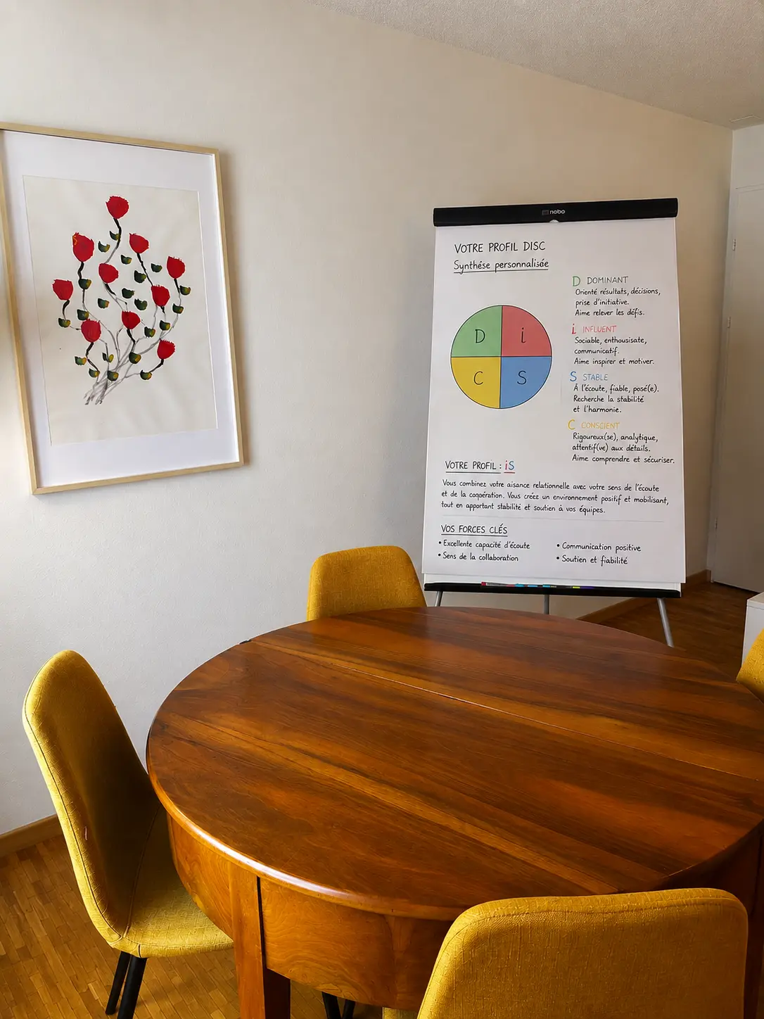 Salle d’entretien du cabinet d’Épalinges avec paperboard présentant un profil DISC