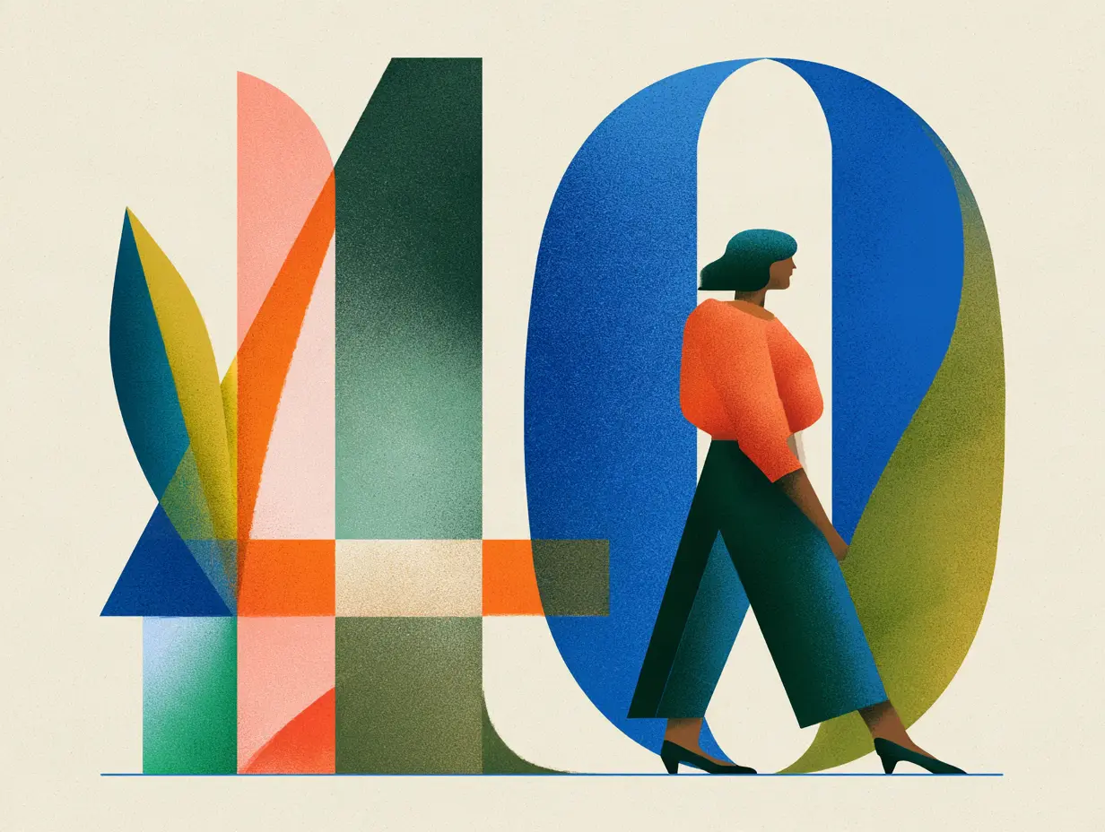 Illustration éditoriale d'une femme marchant devant un grand chiffre 40 coloré, symbolisant la reconversion professionnelle à 40 ans.