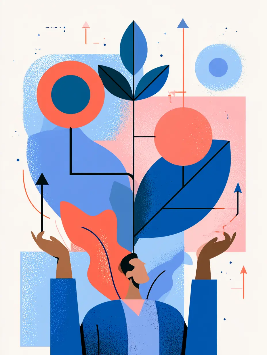 Illustration éditoriale d'une personne entre deux mains qui font grandir une plante — le déroulé accompagné d'un bilan de compétences