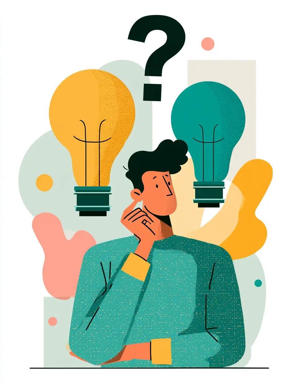 Illustration d'une personne pensante entre deux ampoules et un point d'interrogation — choisir sa reconversion professionnelle