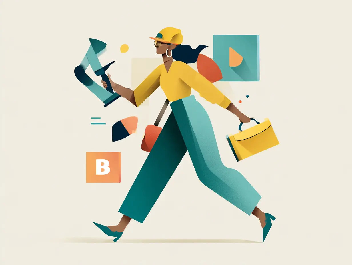 Illustration éditoriale d'une femme en mouvement, prête à changer de direction professionnelle avec énergie et clarté.